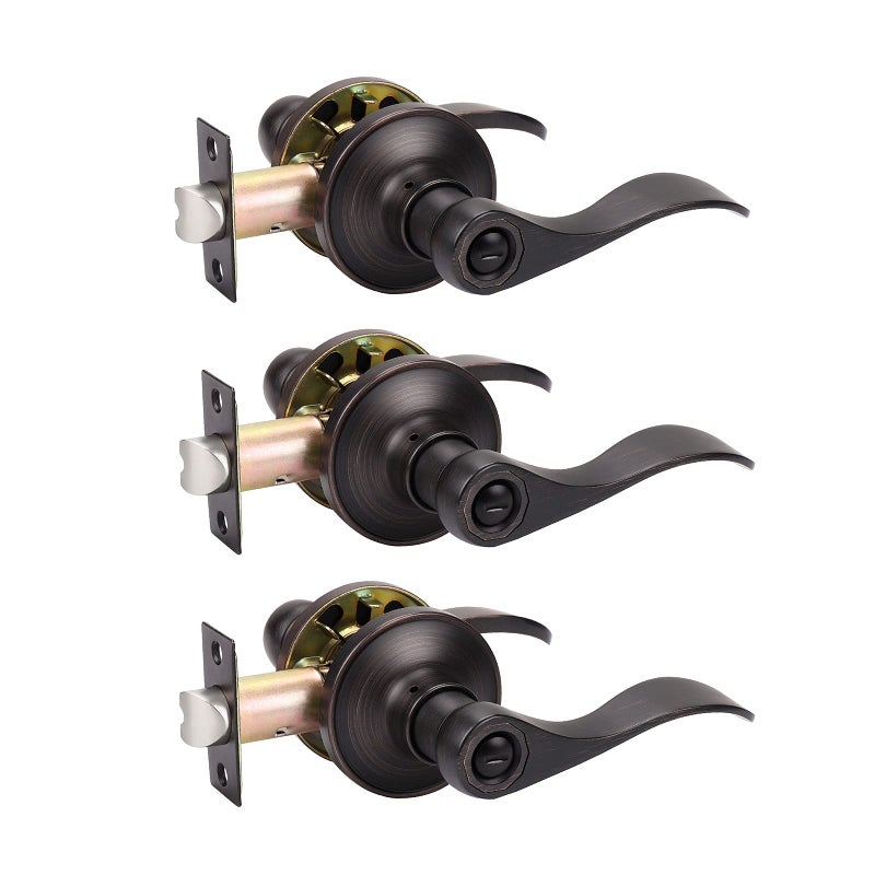 KNOBWELL 3 Pack Bronze Lever Door Handles Privacy Door Knobs Interior Door Handles, Keyless Bedroom Door Knobs with Lock, Wave Style Round Door Handle Levers - Image 1